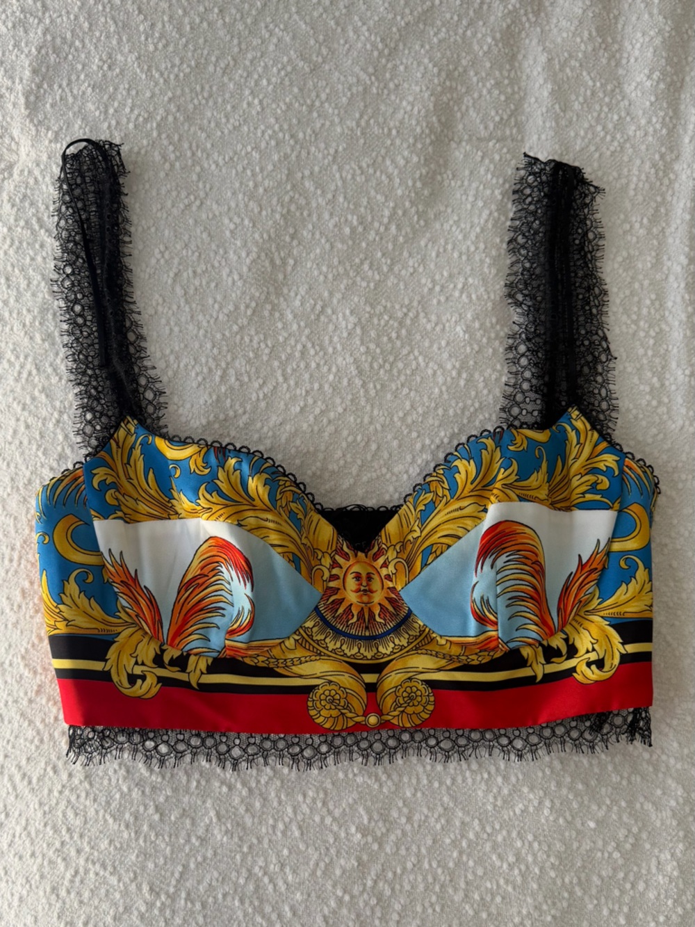 Versace Baroque Print Bralette in Blue, Gold & Red with Black Lace